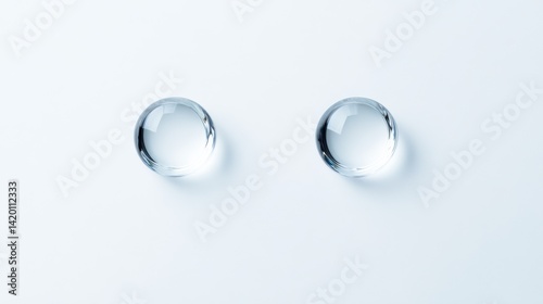 Obraz na płótnie A minimalist shot of two contact lenses placed symmetrically on a clean white background, reflecting subtle light to emphasize their transparency and precision. w salonie
