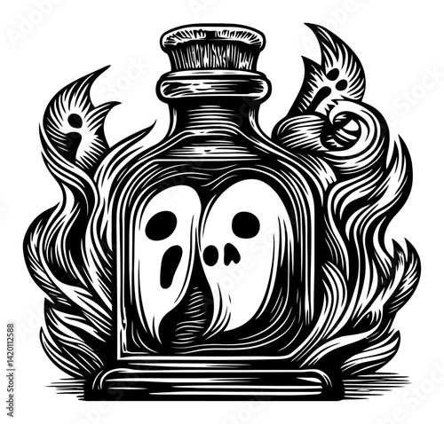 Ghostly Elixir in Ornate Bottle with Spirits and Flame Design