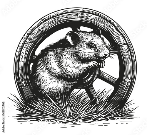 Detailed Engraving of a Hamster in a Wood Wheel on Grass