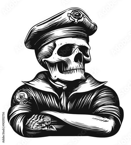 Vintage Woodcut Style Skeleton Sailor Engraving Art Illustration