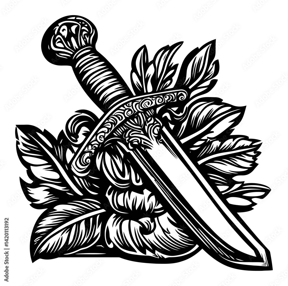 Detailed Engraving of Sword and Leaves in Traditional Style