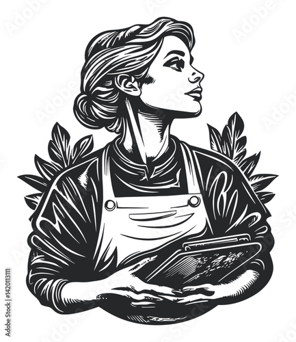 Elegant Woodcut Illustration of a Thoughtful Female Artisan