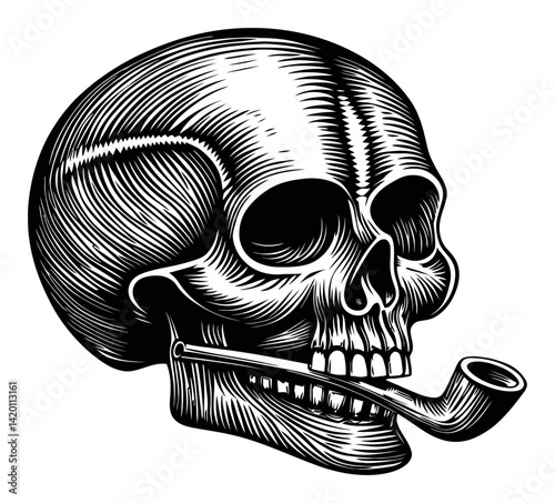 Vintage Engraving of Skull with Smoking Pipe in Woodcut Style