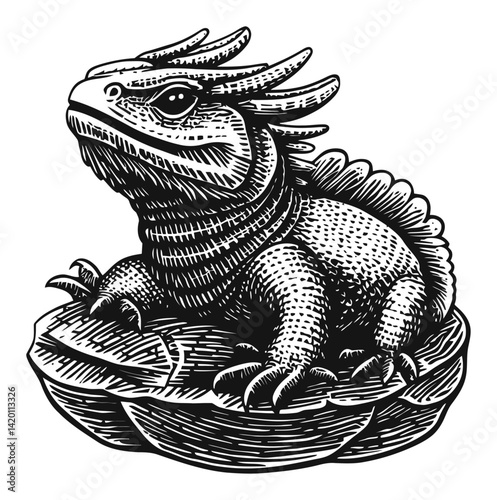 Detailed Woodcut Style Illustration of a Regal Lizard Creature