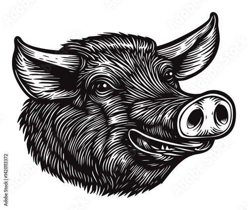 Detailed Woodcut Style Illustration of a Pig Head Design