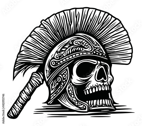 Skull with Warrior Helmet Design in Black and White Style