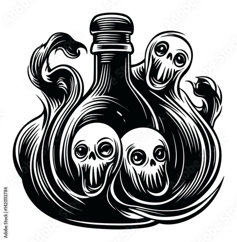 Artistic Woodcut Style Illustration of Ghostly Bottles and Skulls
