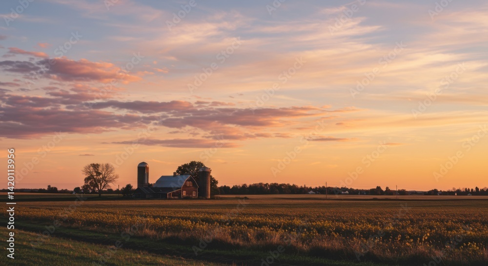 Fototapeta premium Rural Barn Landscape at Sunset