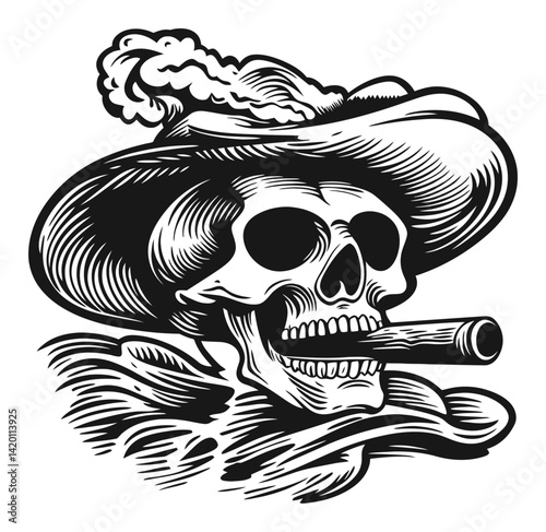 Skull with Hat and Cigar in Black and White Woodcut Style