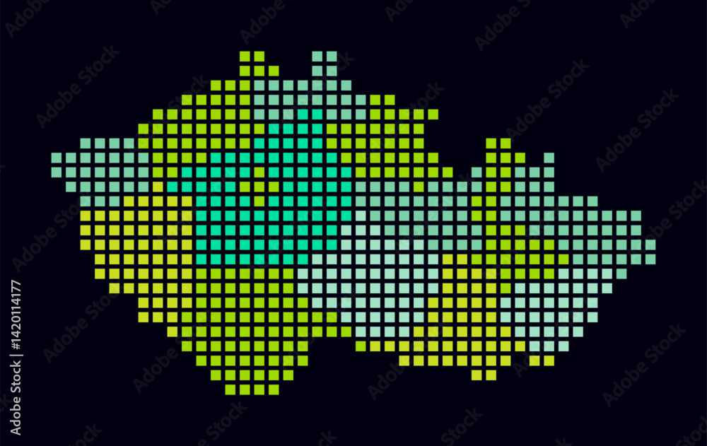 Fototapeta premium Czechia dotted map. Digital style map of the country on dark background. Czechia shape with square dots. Colored dots style. Large size squares. Artistic vector illustration.