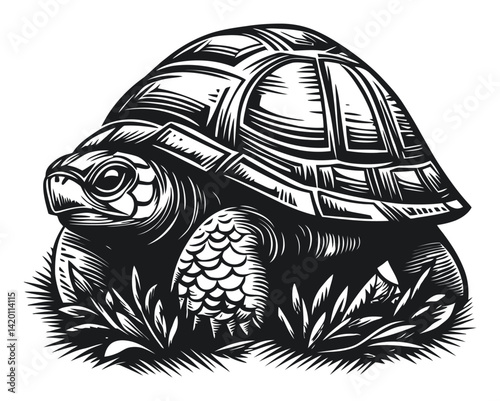 Detailed Woodcut Illustration of a Turtle in Natural Habitat