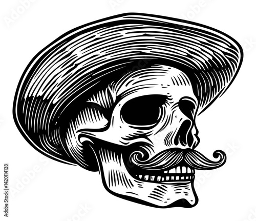 Detailed Illustration of a Skull with Hat and Mustache Design