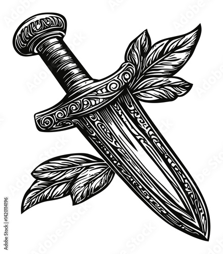 Intricate Engraving of Dagger with Decorative Leaves Design