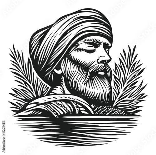 Handcrafted Woodcut of a Man with a Turban and Nature Elements