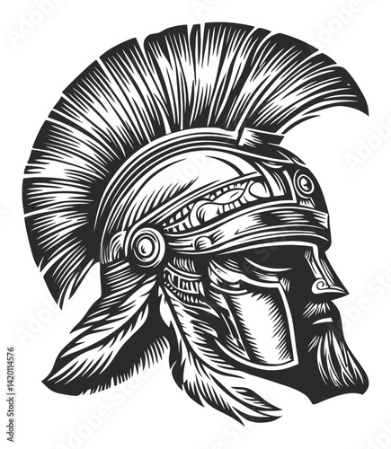 Detailed Engraving of a Classic Roman Gladiator Helmet in Profile