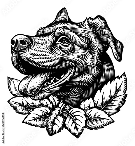 Detailed Engraving of a Dog Surrounded by Leaves in Black and White