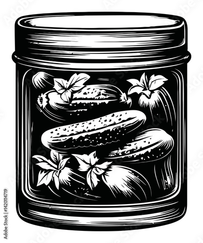 Black and White Woodcut of Jar with Pickled Cucumbers and Herbs