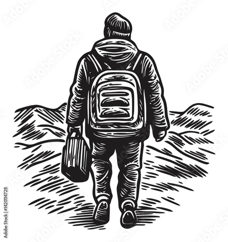 Adventurer Walking with Backpack in Engraved Woodcut Style