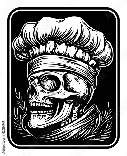 Skull Chef Design Featuring Woodcut Style and Engraving Technique