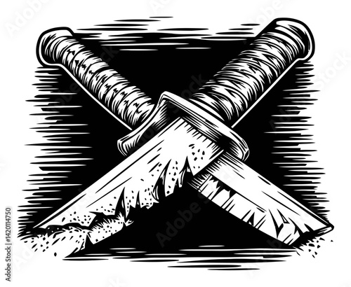 Detailed Woodcut Illustration of Crossed Knives on Black Background