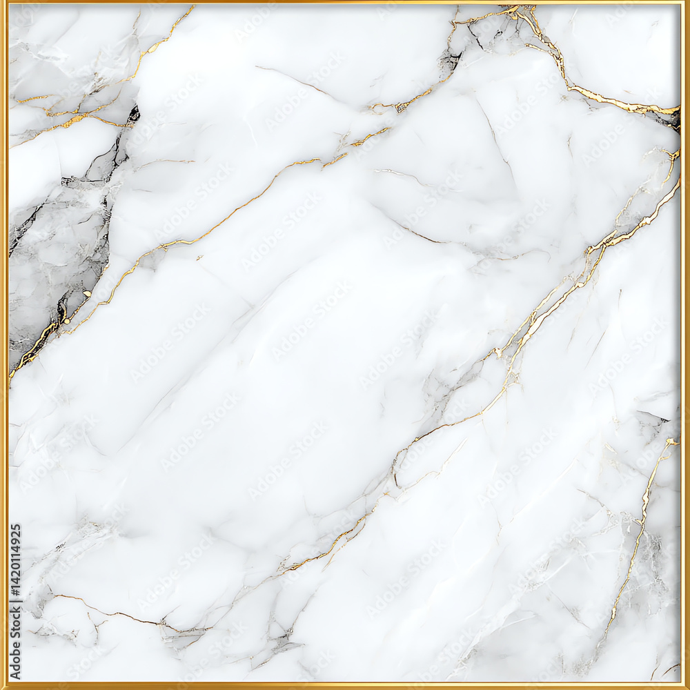 Fototapeta premium Elegant white marble texture with a gold thin border, perfect for luxury branding. Soft shadows & empty space for logos or text. High-resolution