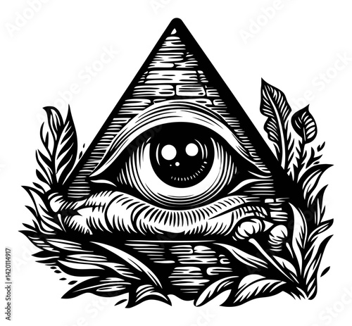 Intricate Woodcut Style Engraving of an All-Seeing Eye in a Pyramid