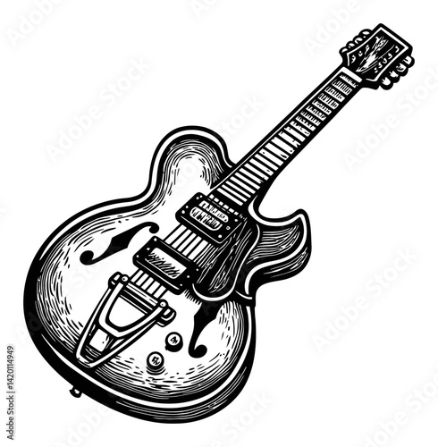 Illustrative Woodcut Style Guitar Engraving for Artistic Use