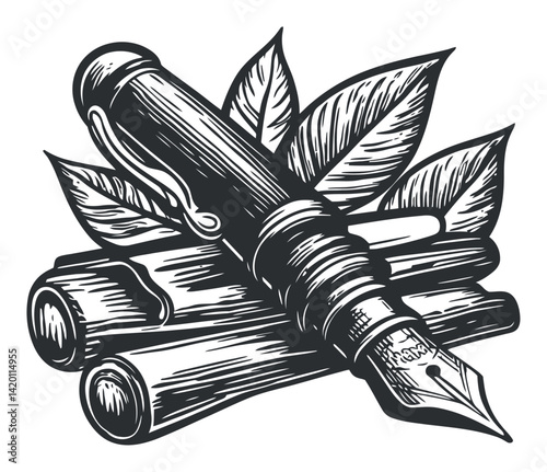Vintage Ink Pen with Leaves and Wood Background Illustration