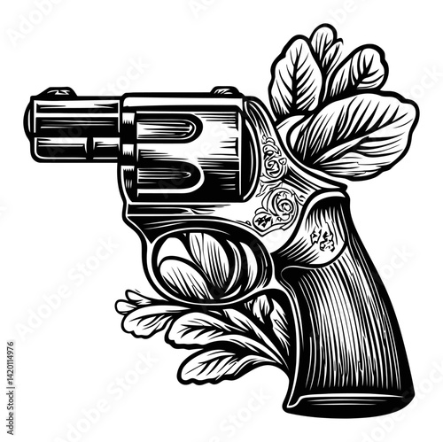 Vintage Revolver Illustration with Floral Elements in Woodcut Style