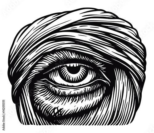 Detailed Eye Illustration in Woodcut Style with Bandaged Design