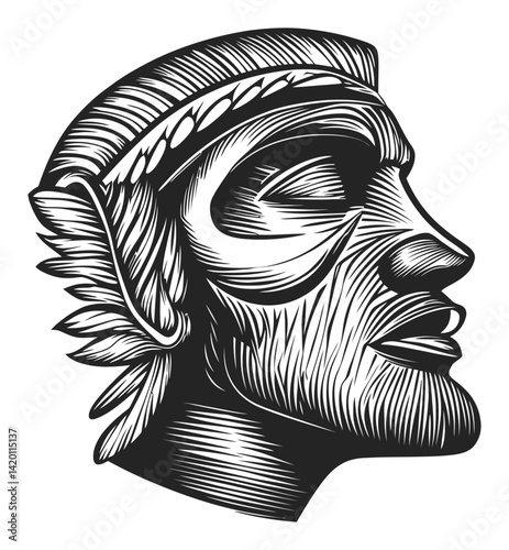 Detailed Black and White Woodcut of a Majestic Human Face