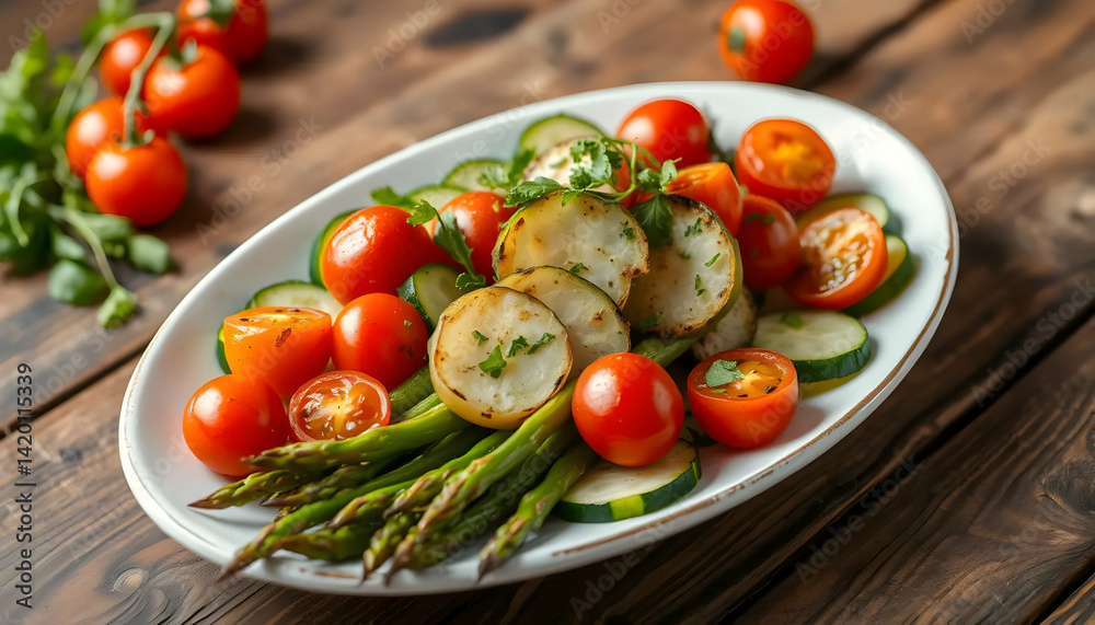 Fresh Vegetable Salad with Cherry Tomatoes Cucumbers and Asparagus on Wooden Table Fresh Vegetable Salad with Cherry Tomatoes Cucumbers and Asparagus on Wooden Table