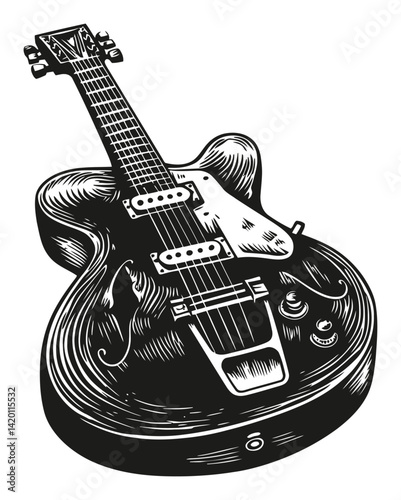Detailed Woodcut Illustration of a Classic Electric Guitar Design