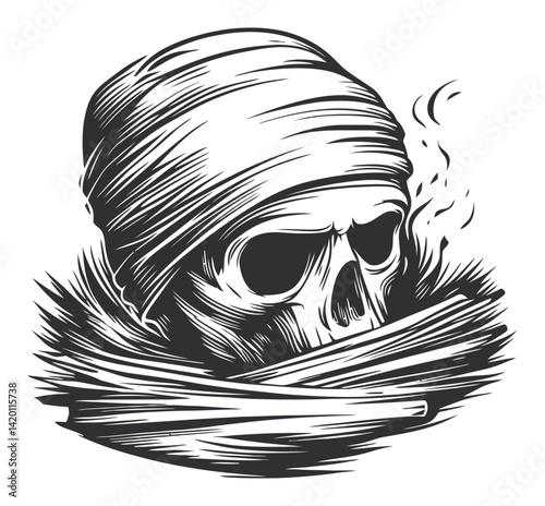Skull Illustration in Woodcut Style with Bandana and Smoke Effects