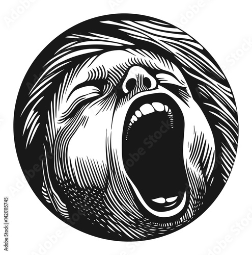 Dramatic Expression of a Yawning Face in Woodcut Style Artwork