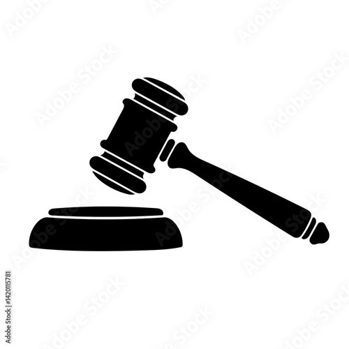 A black Silhouette of a judge's gavel in a flat design isolated on transparent background, png image, for representing justice and law