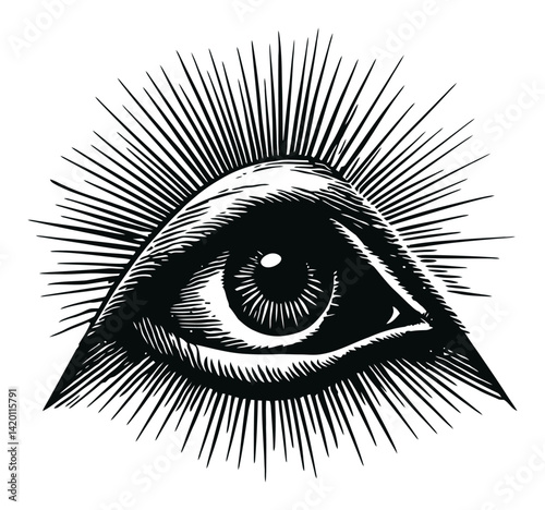 Mysterious Eye Illustration with Radiant Sunburst Design
