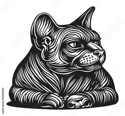 Detailed Black and White Woodcut Style Cat Illustration