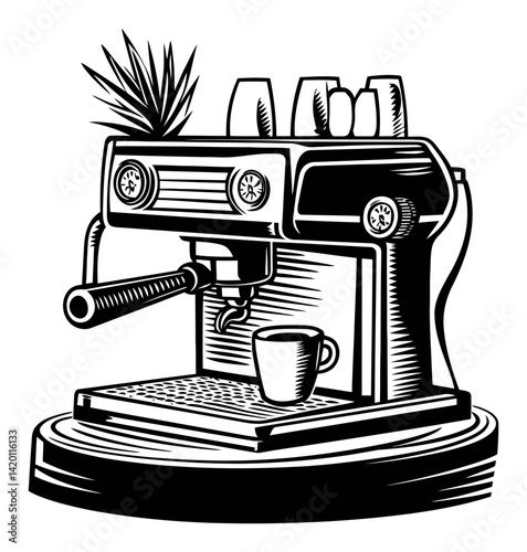 Vintage Style Engraving of Espresso Machine with Coffee Cup