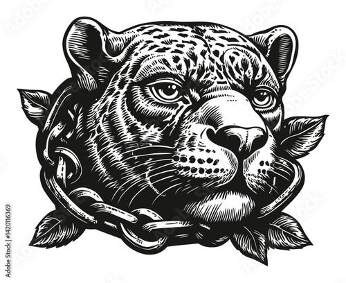 Detailed Woodcut of a Jaguar with Chain and Leaves Design