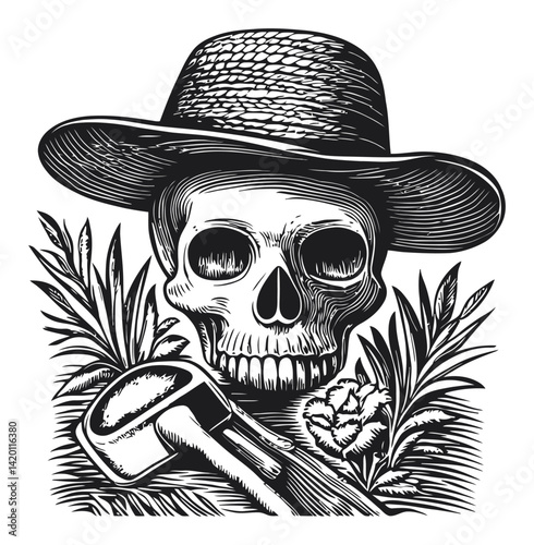 Skull with Hat and Tool in Artistic Woodcut Style Illustration