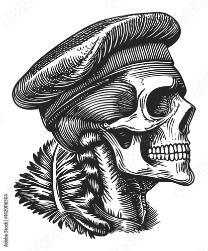 Intricate Engraving of a Skull in a Hat with Detailed Features