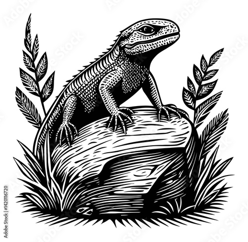 Detailed Illustration of Lizard on Stone in Woodcut Style