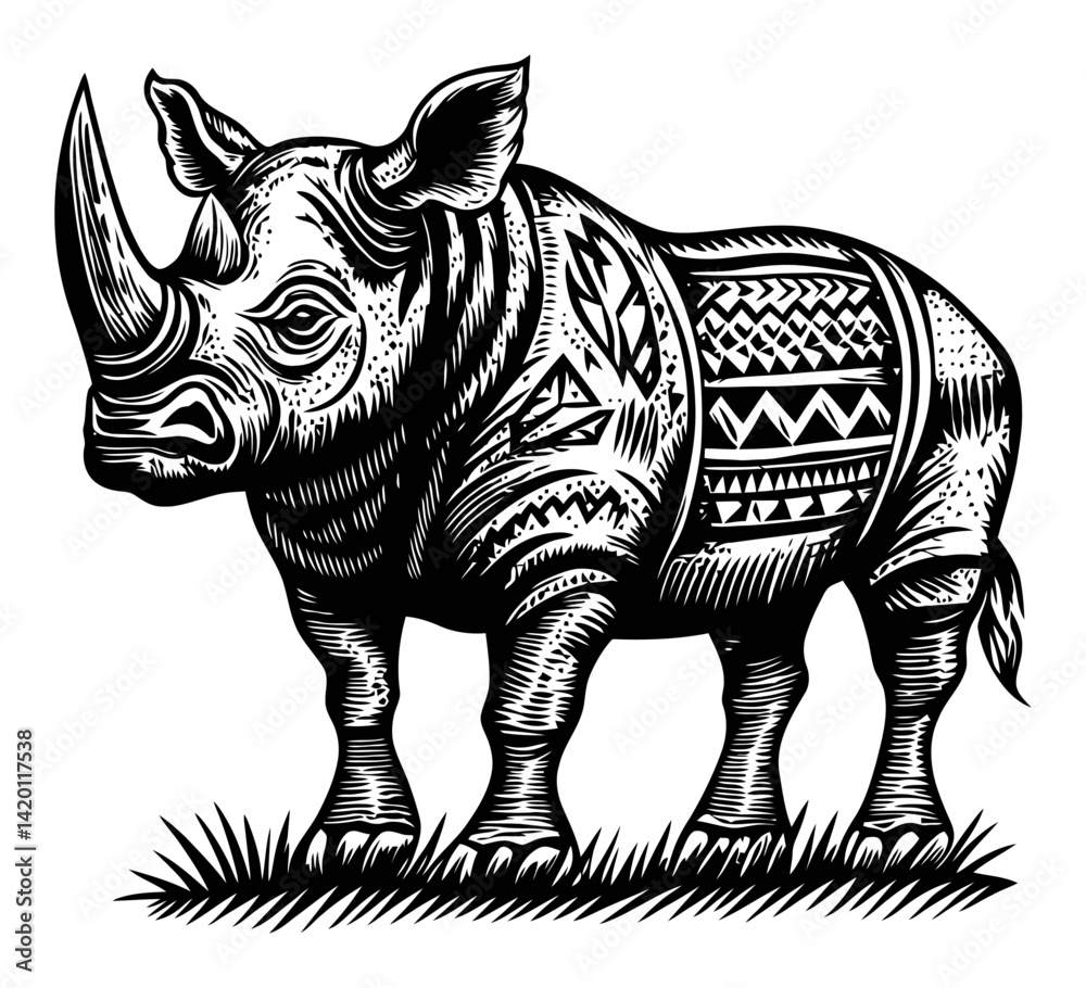 Fototapeta premium Engraved Rhinoceros with Intricate Patterns and Textured Lines