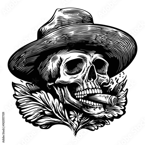 Skull Illustration in Hat with Cigar and Floral Elements Design