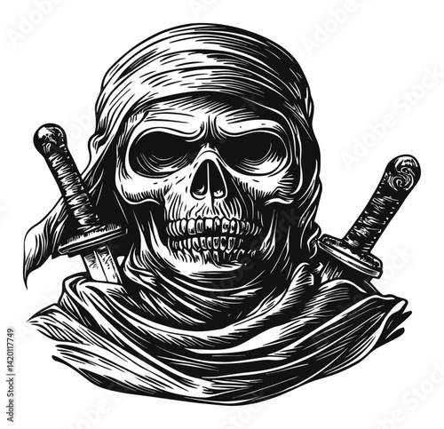 Detailed Black and White Skull Design with Swords and Headscarf