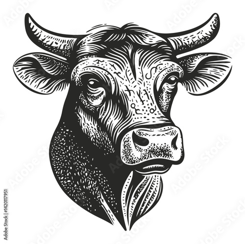 Detailed Engraving of a Cow Head with Intricate Woodcut Design