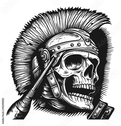 Detailed Engraving of a Skull with Warrior Helmet and Mohawk