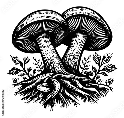 Detailed Woodcut of Mushrooms with Roots and Leaves in Black and White