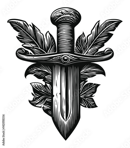 Decorative Engraving of a Sword Surrounded by Leaves and Vines